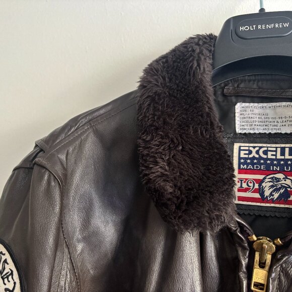 Excelled Brown Leather Aviator Bomber G-1 Jacket- Sherpa Collar, Patches -XL-XXL - Picture 3 of 15
